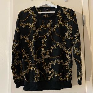 Forever 21 jewelry inspired silky blouse, black and gold, women’s size S